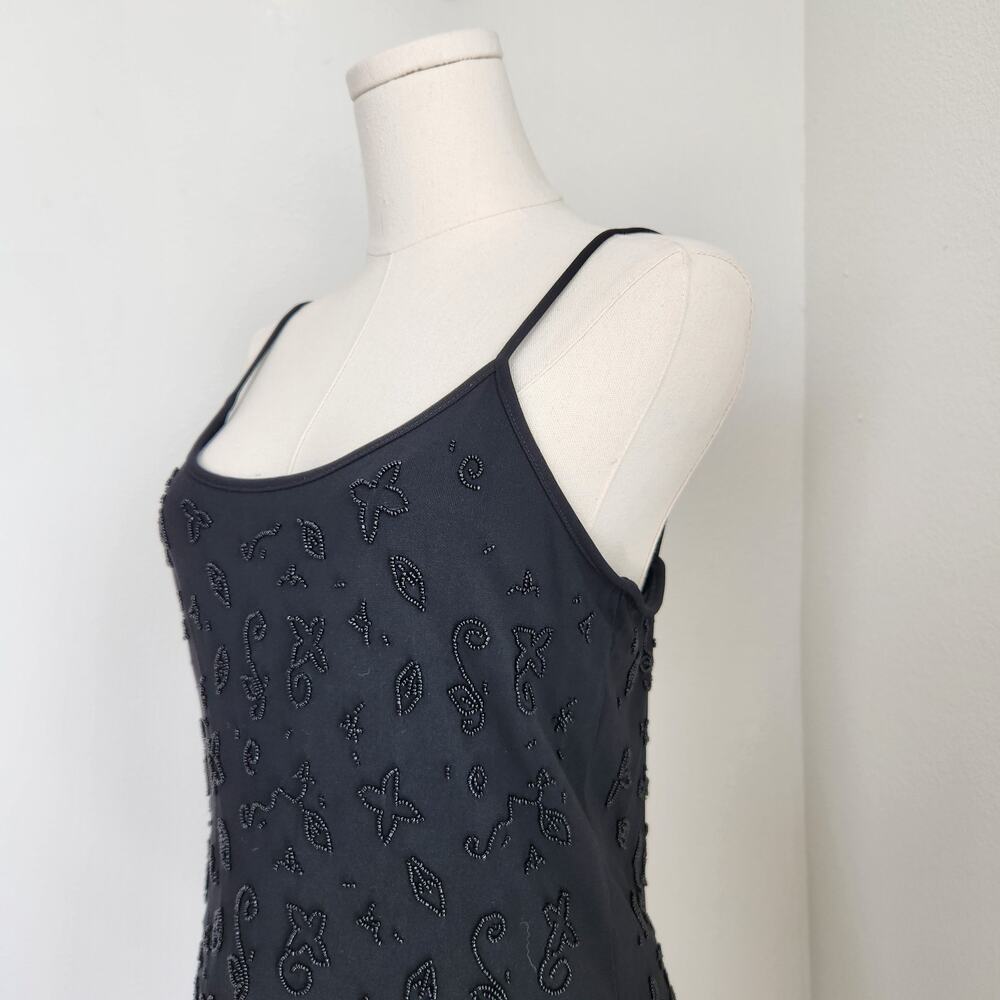 Vintage 90s Ann Taylor Black Beaded Floral Embroider Spaghetti Strap Cami Top S - Picture 3 of 9